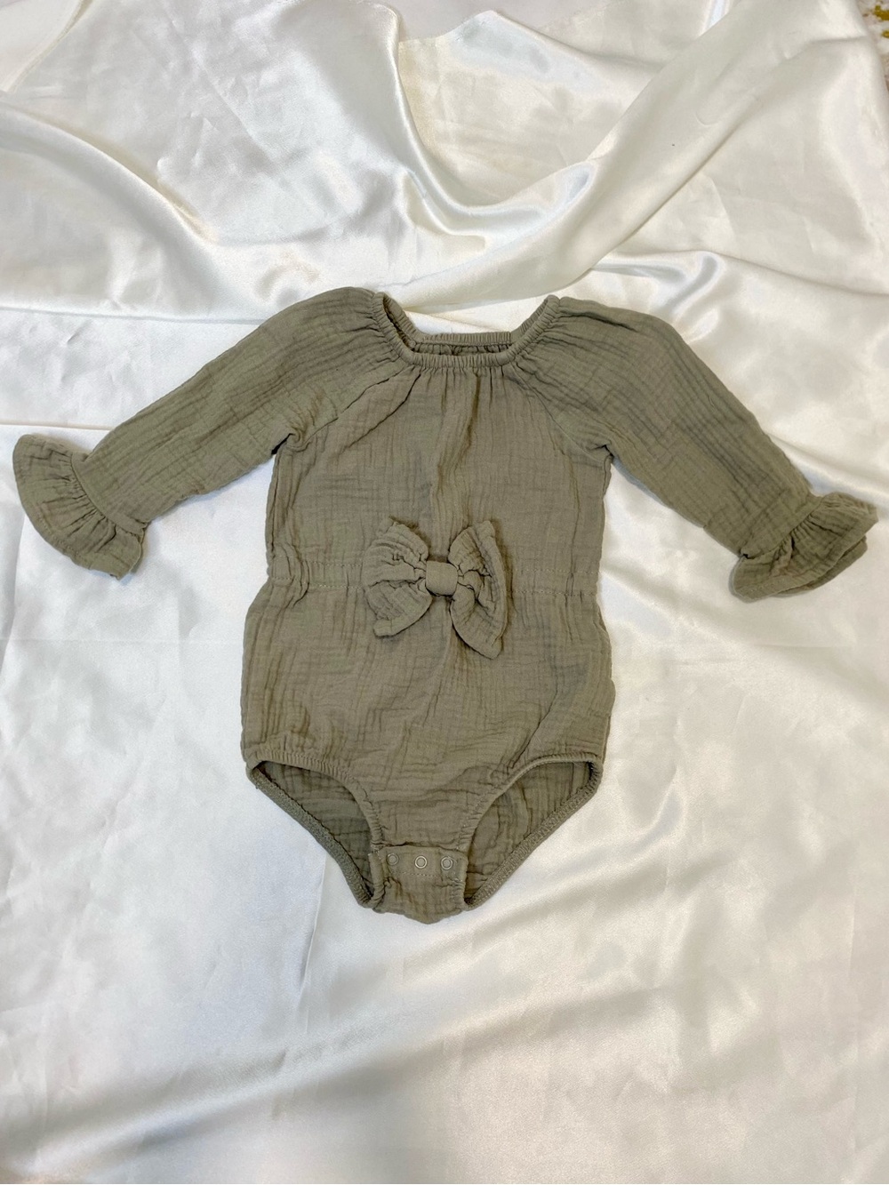 Long-Sleeve Olive Baby One-Piece with Front Bow